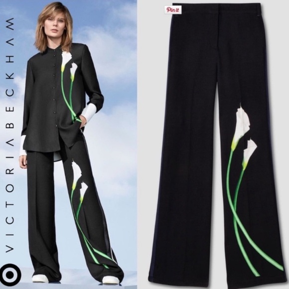 Victoria Beckham Pants - Victoria Beckham Black Tuxedo Stripe Calla Lily Wide-Leg Trousers Pants Size 0